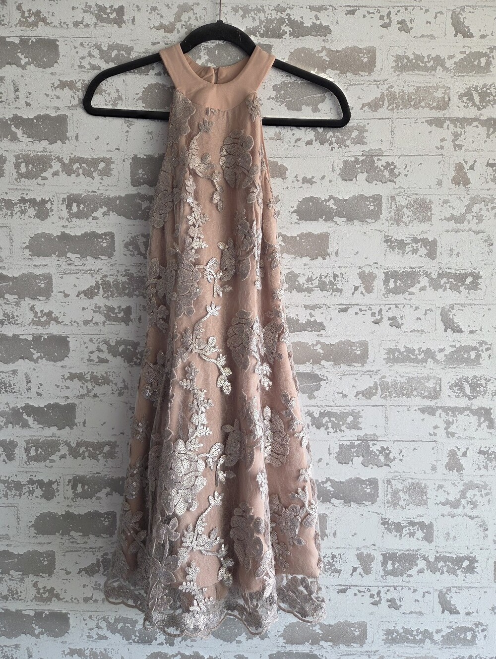 Dress the Population Blush Pink Sequin Lace Halter Mini Dress S